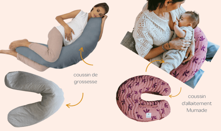 le coussin de grossesse ressemble à un gros traversin tandis que le coussin d'allaitement mumade est spécifique pour allaiter car il soutient parfaitement le bras et réduit les tensions